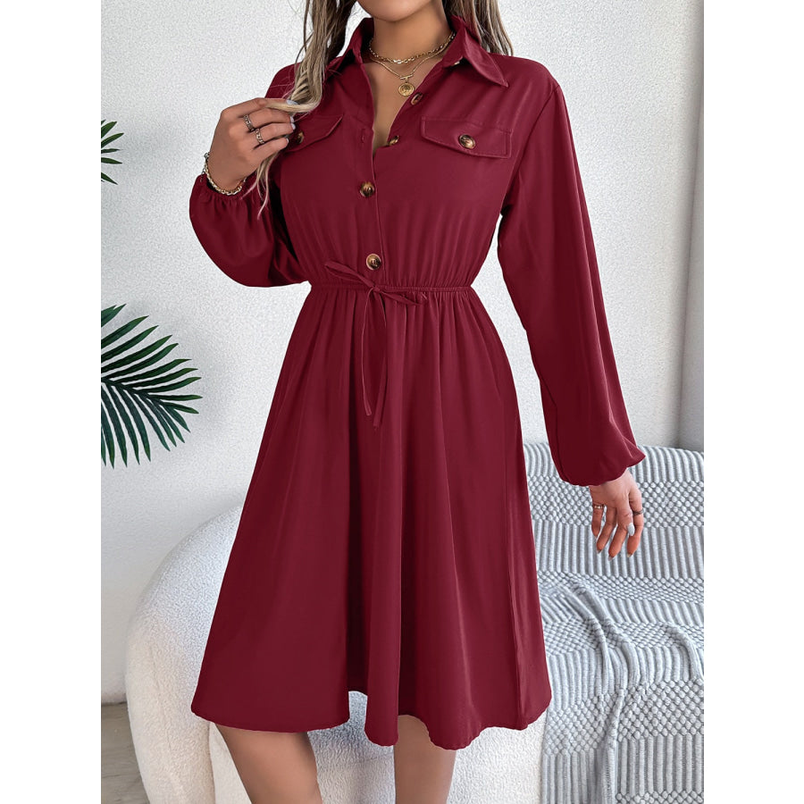 Collared Neck Long Sleeve Dress with Pockets Apparel and Accessories