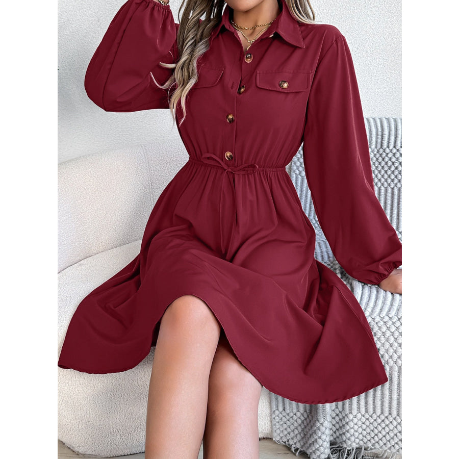 Collared Neck Long Sleeve Dress with Pockets Apparel and Accessories