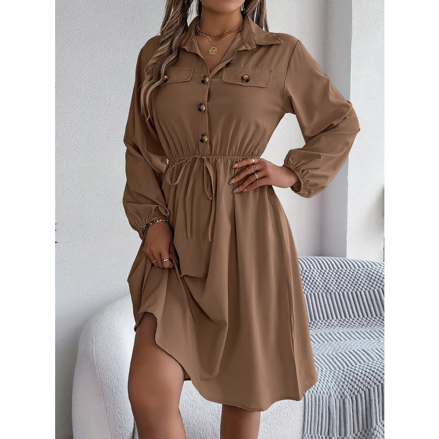 Collared Neck Long Sleeve Dress with Pockets Apparel and Accessories