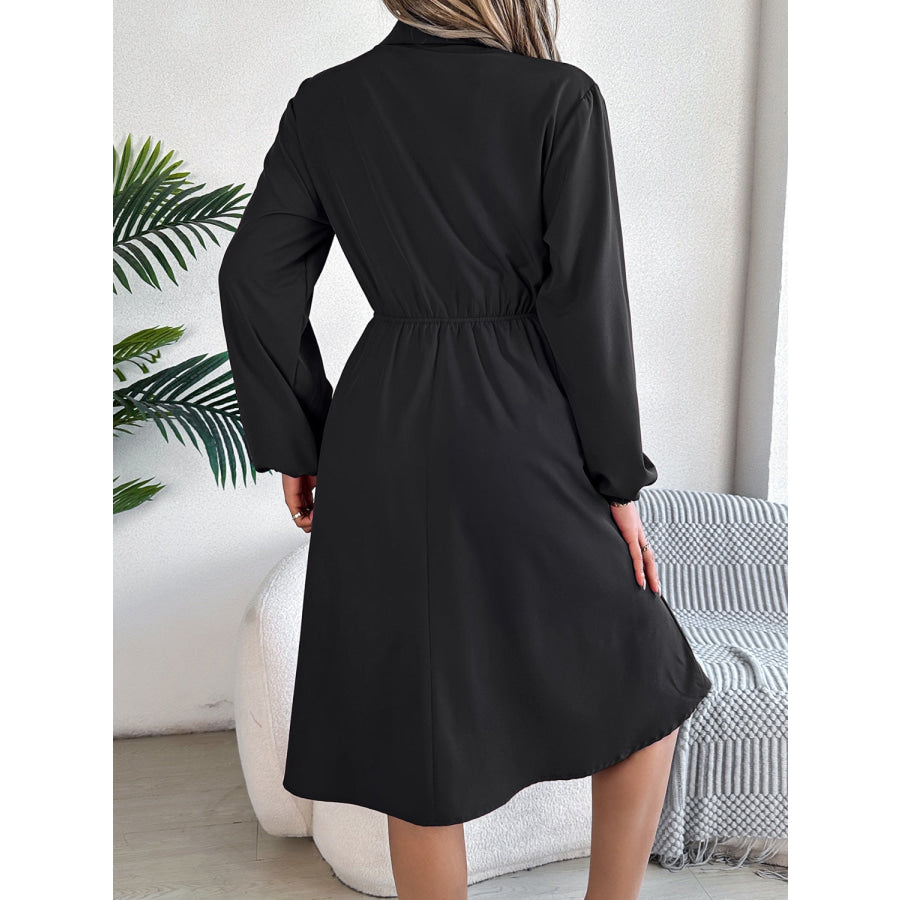 Collared Neck Long Sleeve Dress with Pockets Apparel and Accessories