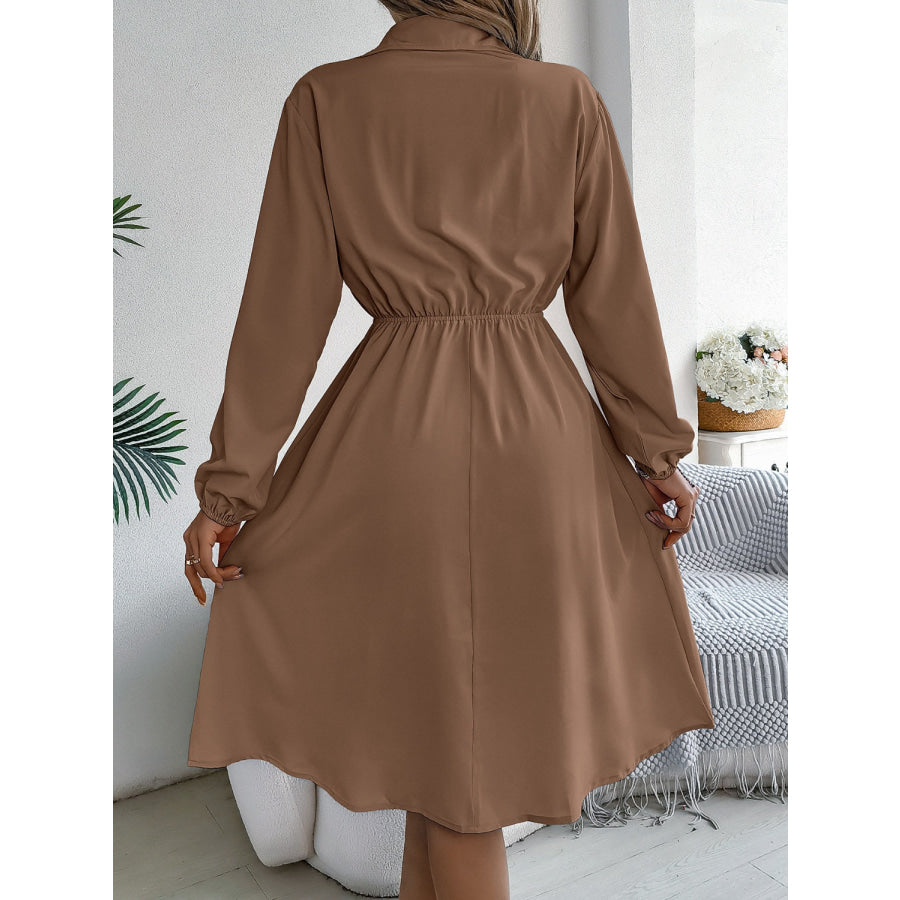 Collared Neck Long Sleeve Dress with Pockets Apparel and Accessories