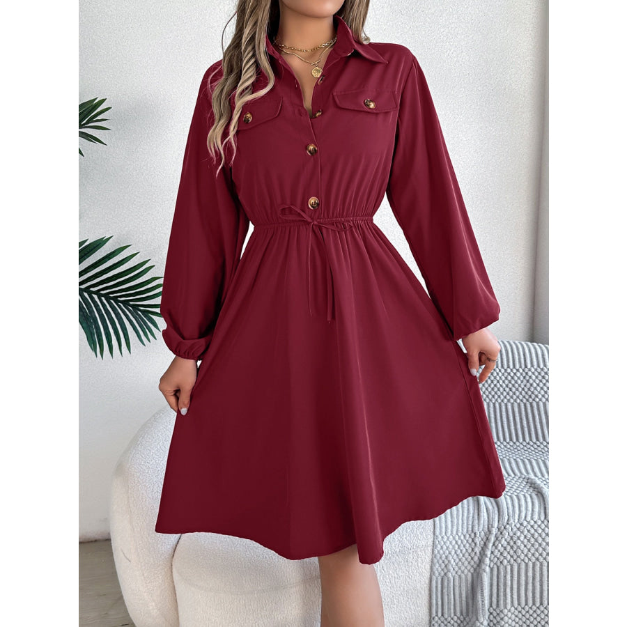 Collared Neck Long Sleeve Dress with Pockets Apparel and Accessories