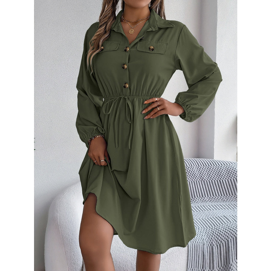 Collared Neck Long Sleeve Dress with Pockets Apparel and Accessories