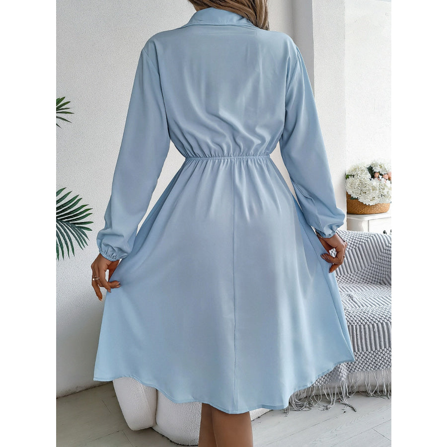 Collared Neck Long Sleeve Dress with Pockets Apparel and Accessories