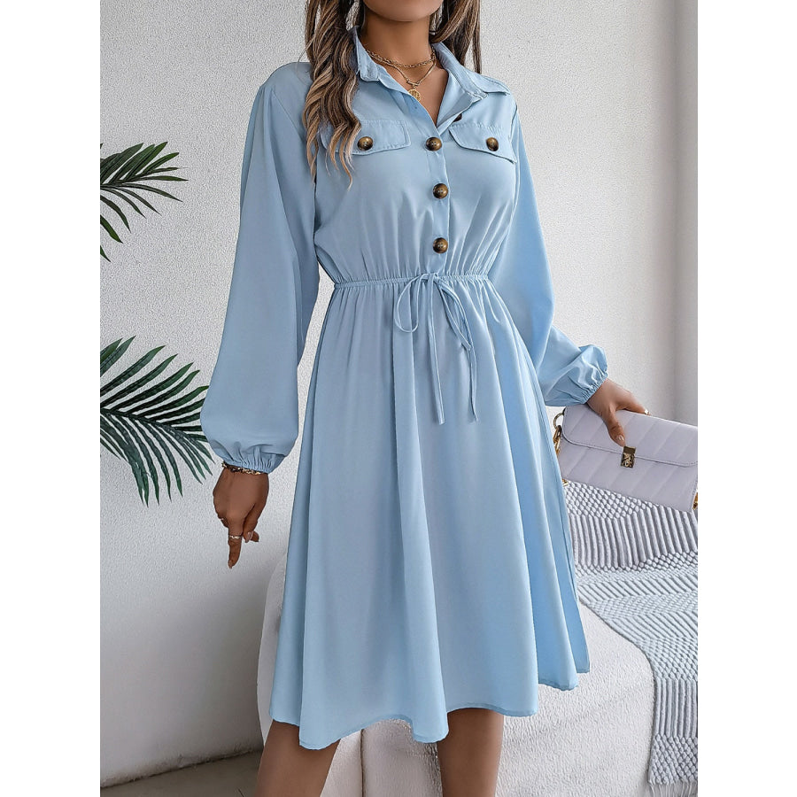 Collared Neck Long Sleeve Dress with Pockets Apparel and Accessories