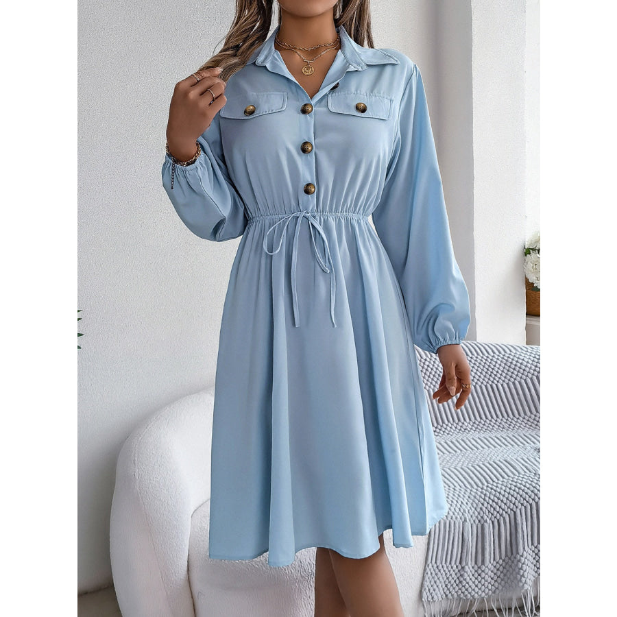 Collared Neck Long Sleeve Dress with Pockets Apparel and Accessories