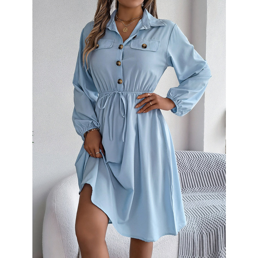 Collared Neck Long Sleeve Dress with Pockets Apparel and Accessories