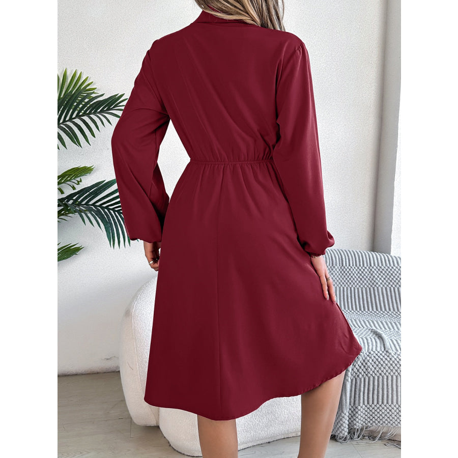 Collared Neck Long Sleeve Dress with Pockets Apparel and Accessories