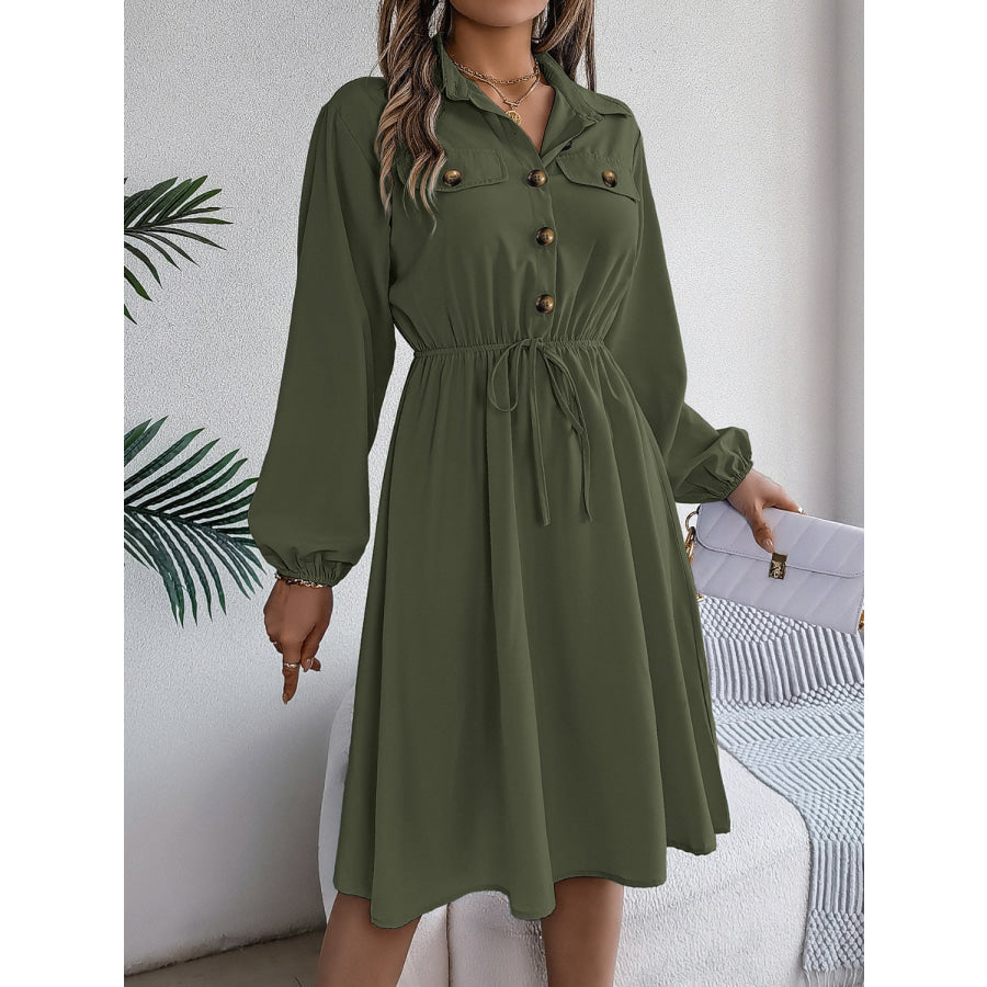 Collared Neck Long Sleeve Dress with Pockets Army Green / S Apparel and Accessories