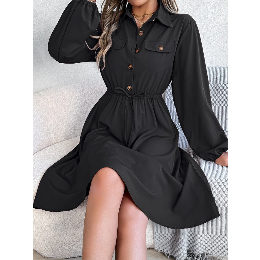 Collared Neck Long Sleeve Dress with Pockets Black / S Apparel and Accessories