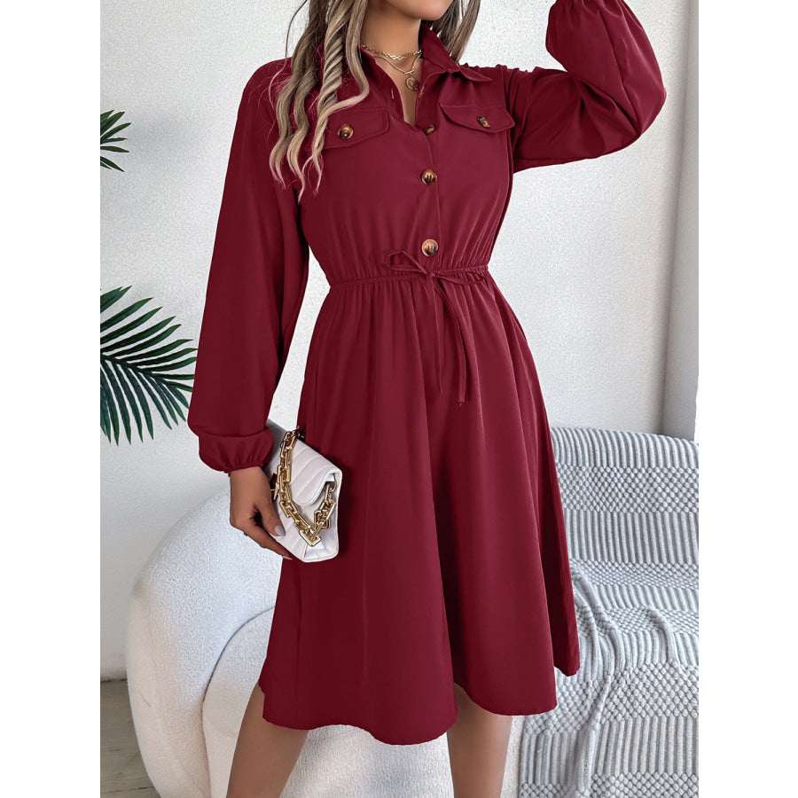 Collared Neck Long Sleeve Dress with Pockets Burgundy / S Apparel and Accessories