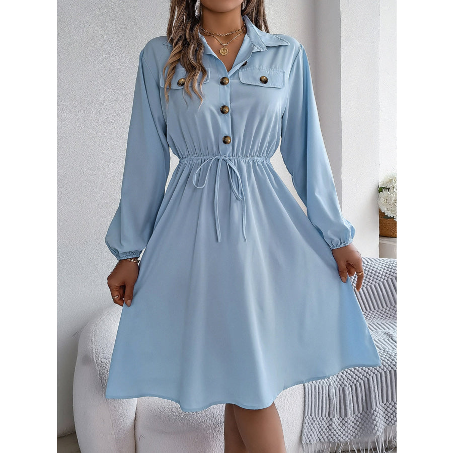 Collared Neck Long Sleeve Dress with Pockets Light Blue / S Apparel and Accessories