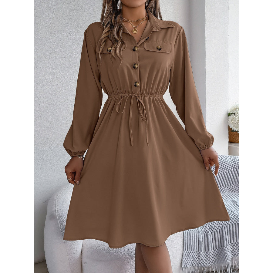 Collared Neck Long Sleeve Dress with Pockets Taupe / S Apparel and Accessories