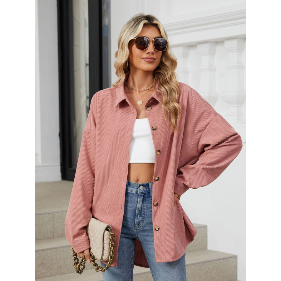 Collared Neck Long Sleeve Dropped Shoulder Shirt Apparel and Accessories