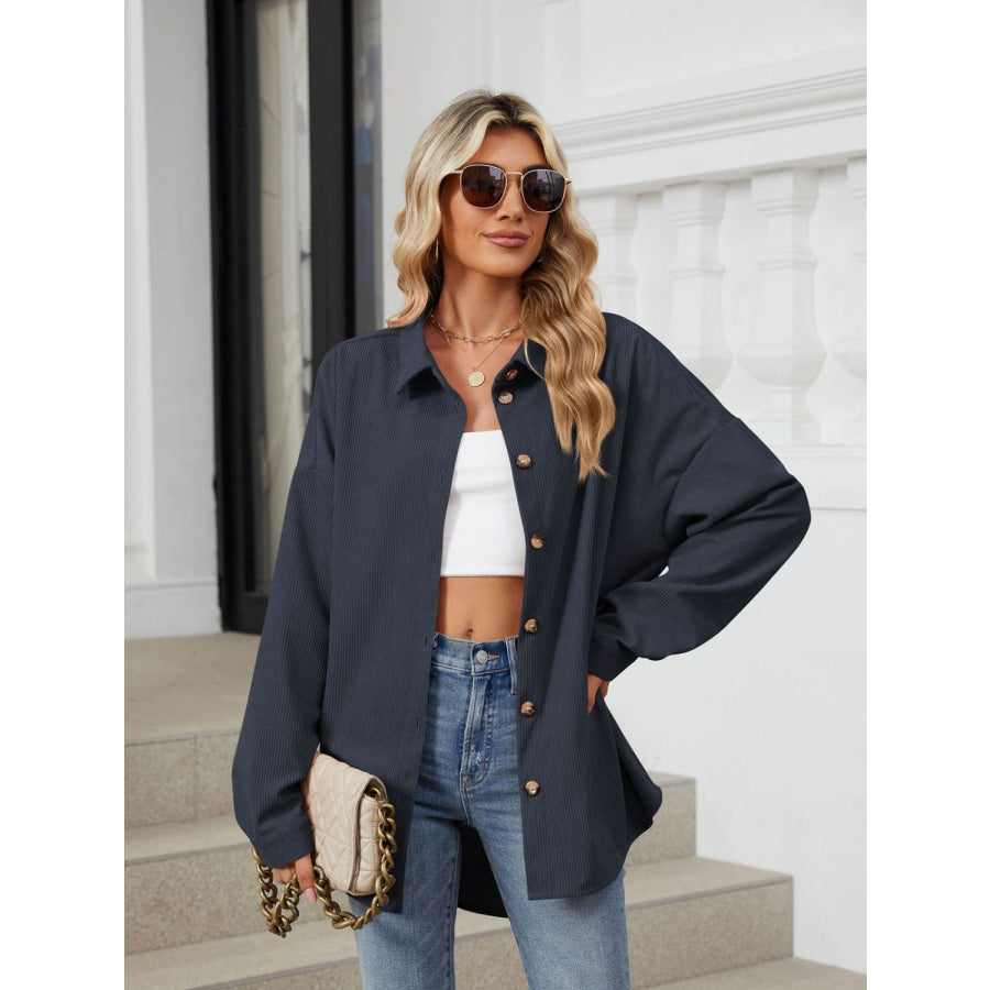 Collared Neck Long Sleeve Dropped Shoulder Shirt Apparel and Accessories