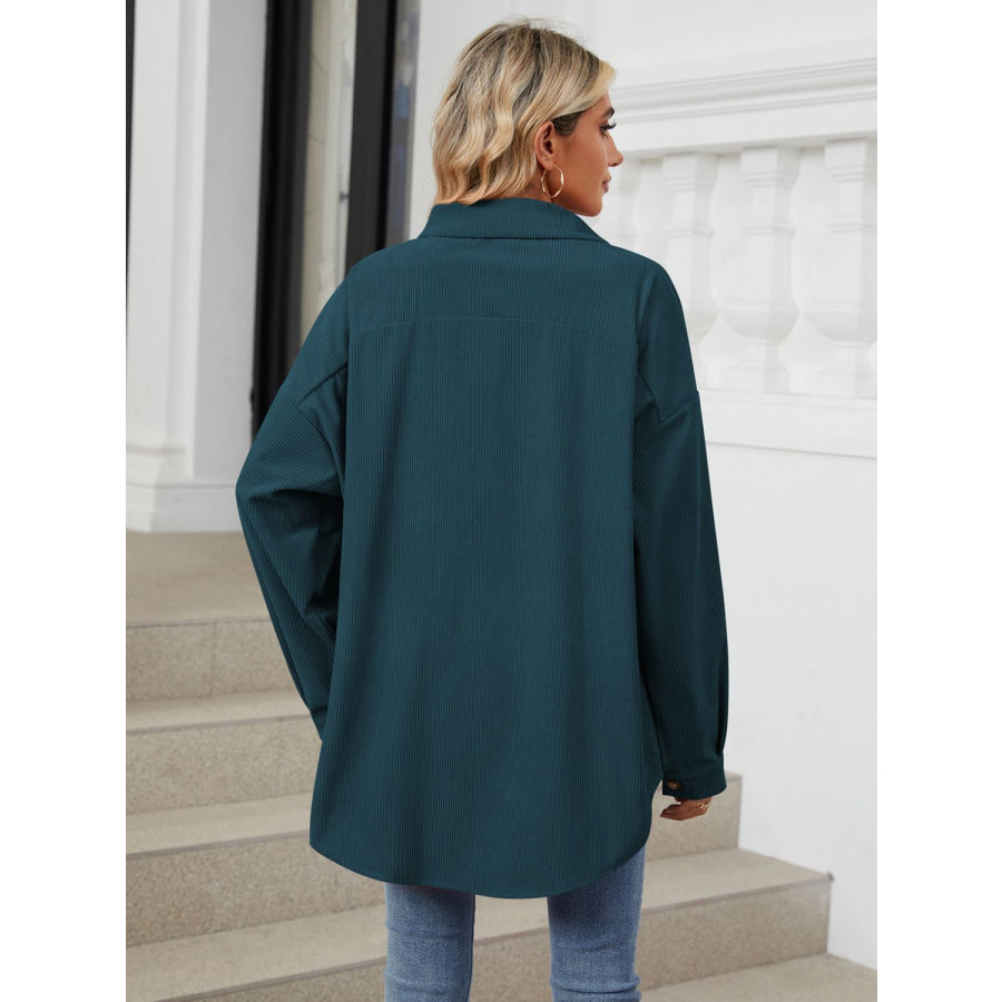 Collared Neck Long Sleeve Dropped Shoulder Shirt Apparel and Accessories