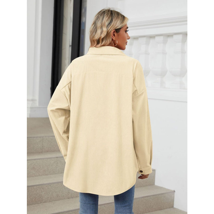 Collared Neck Long Sleeve Dropped Shoulder Shirt Apparel and Accessories