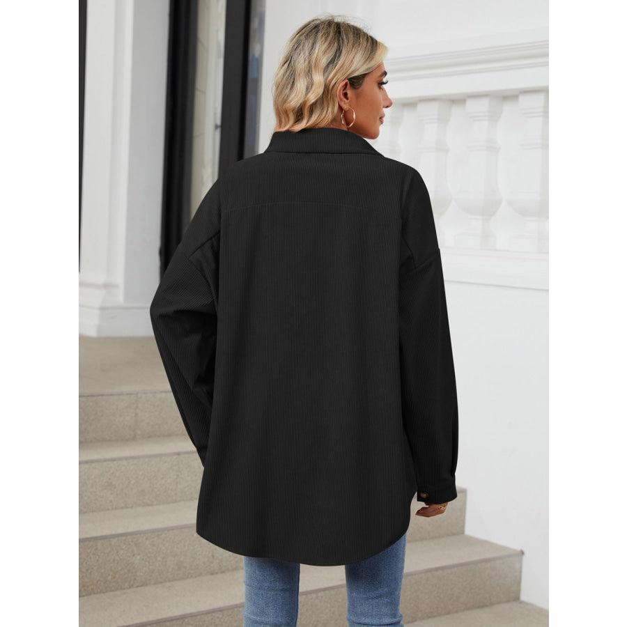 Collared Neck Long Sleeve Dropped Shoulder Shirt Apparel and Accessories