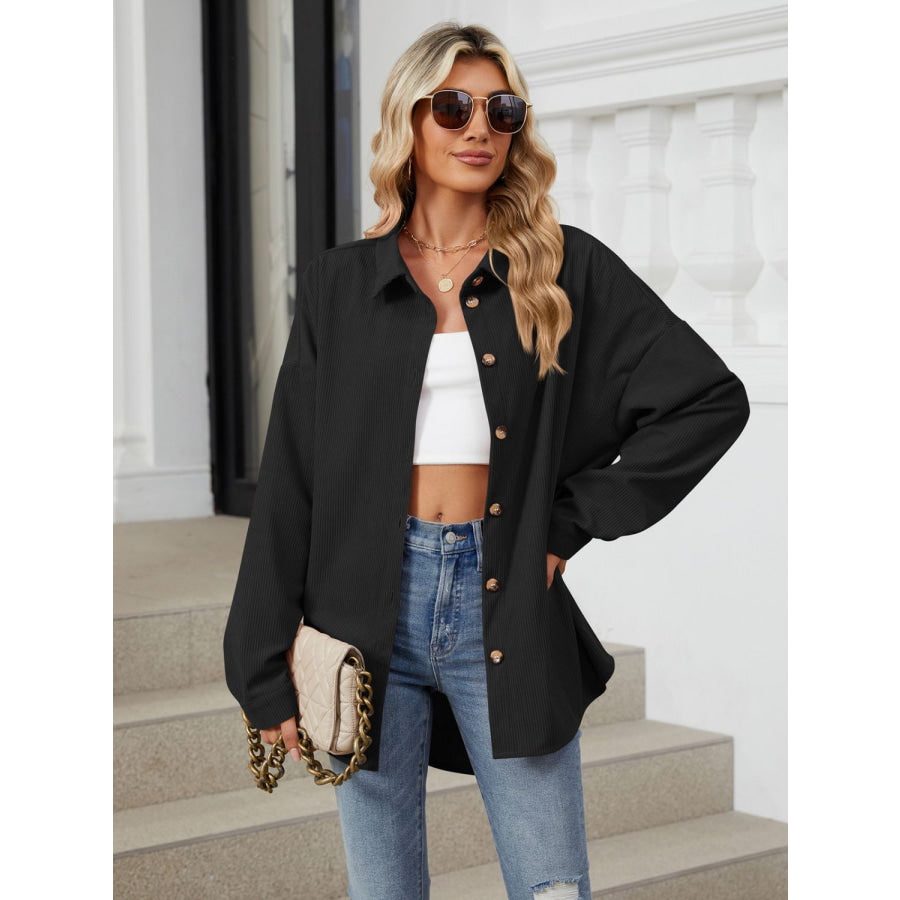 Collared Neck Long Sleeve Dropped Shoulder Shirt Apparel and Accessories