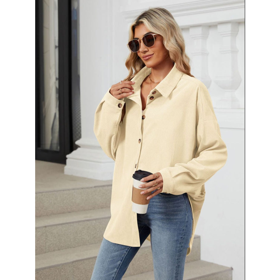 Collared Neck Long Sleeve Dropped Shoulder Shirt Apparel and Accessories