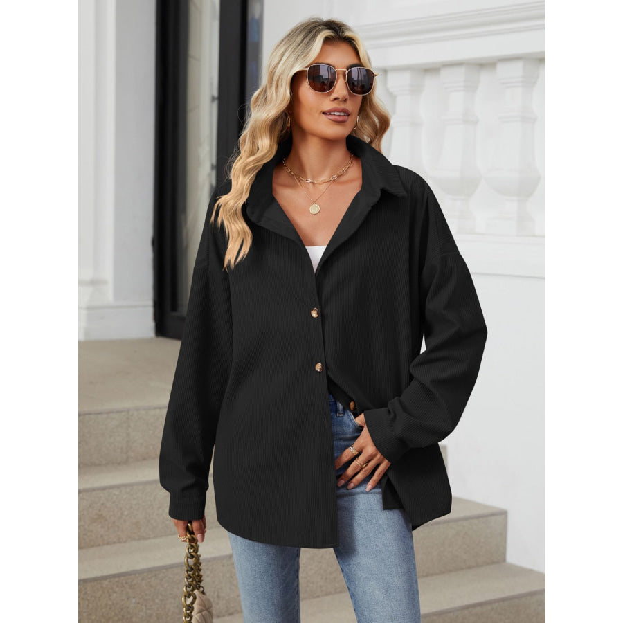 Collared Neck Long Sleeve Dropped Shoulder Shirt Apparel and Accessories