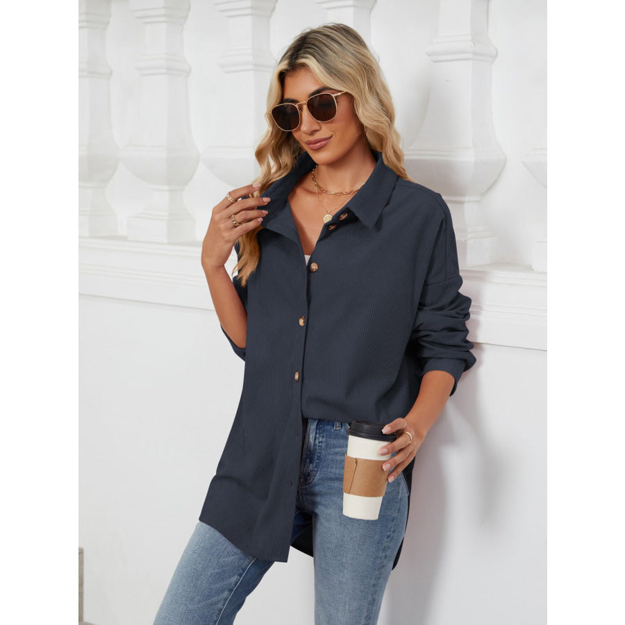 Collared Neck Long Sleeve Dropped Shoulder Shirt Apparel and Accessories