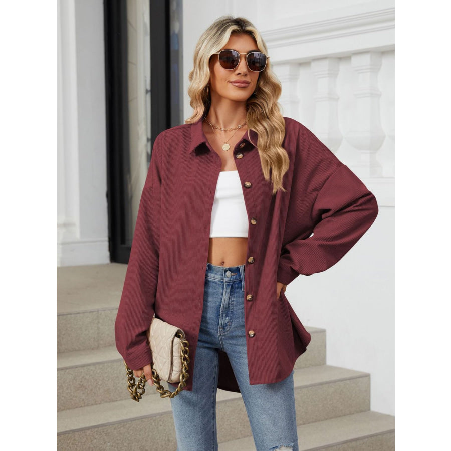 Collared Neck Long Sleeve Dropped Shoulder Shirt Apparel and Accessories