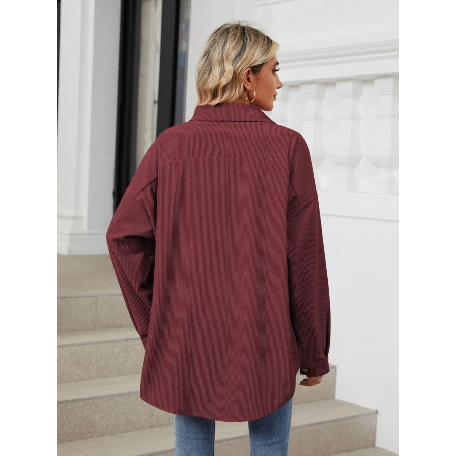 Collared Neck Long Sleeve Dropped Shoulder Shirt Apparel and Accessories