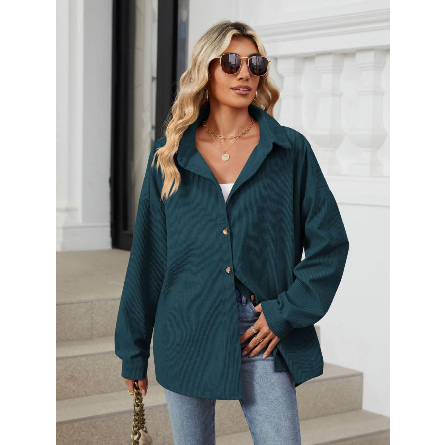 Collared Neck Long Sleeve Dropped Shoulder Shirt Apparel and Accessories