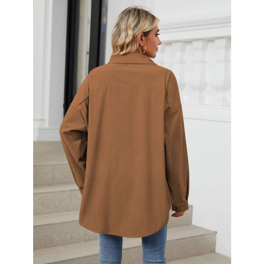 Collared Neck Long Sleeve Dropped Shoulder Shirt Apparel and Accessories