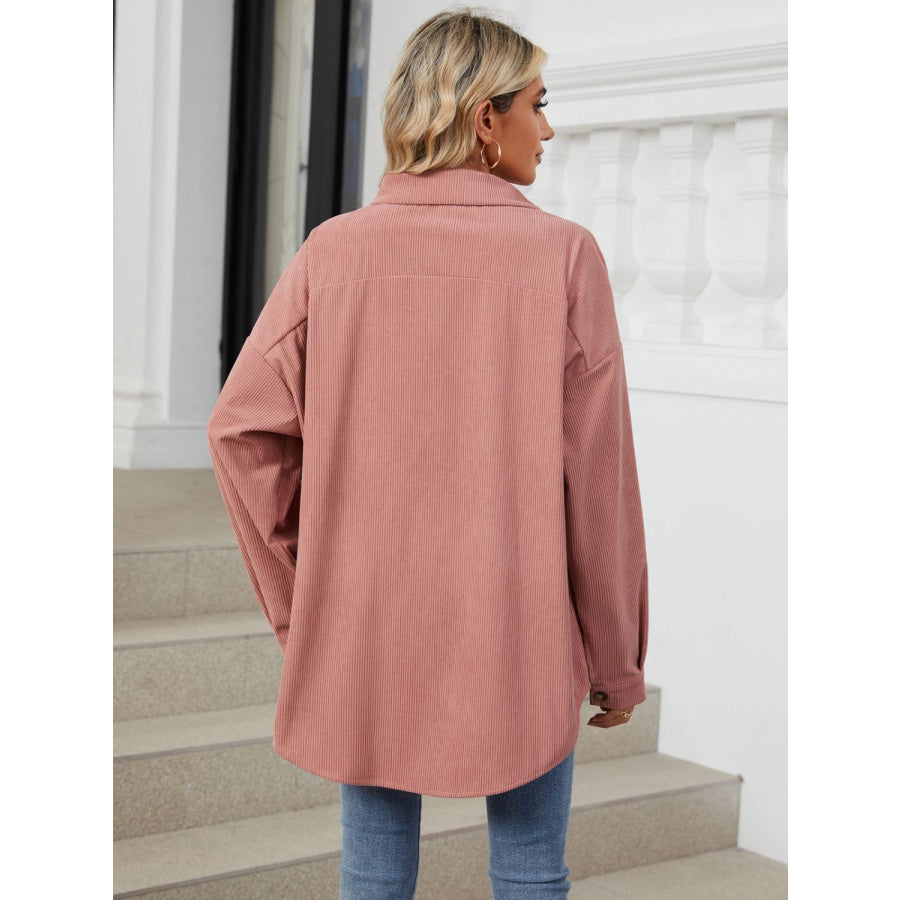 Collared Neck Long Sleeve Dropped Shoulder Shirt Apparel and Accessories