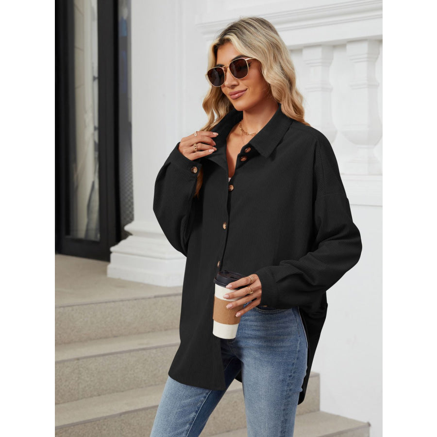 Collared Neck Long Sleeve Dropped Shoulder Shirt Black / S Apparel and Accessories