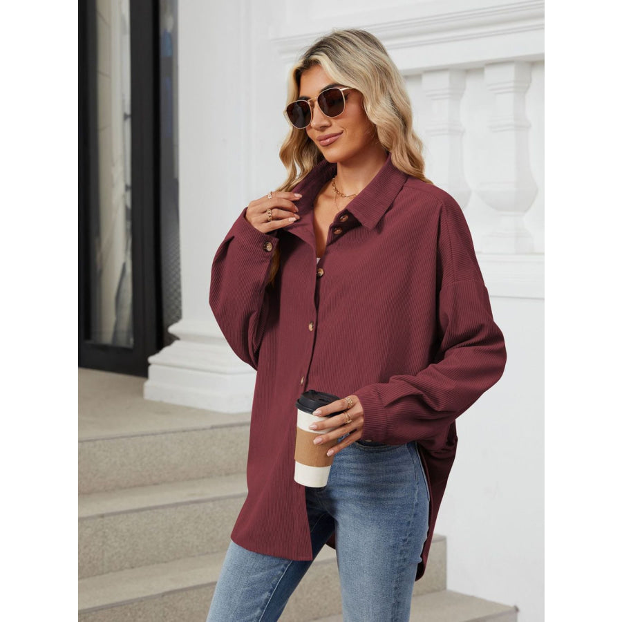 Collared Neck Long Sleeve Dropped Shoulder Shirt Burgundy / S Apparel and Accessories