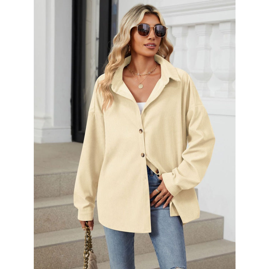 Collared Neck Long Sleeve Dropped Shoulder Shirt Cream / S Apparel and Accessories