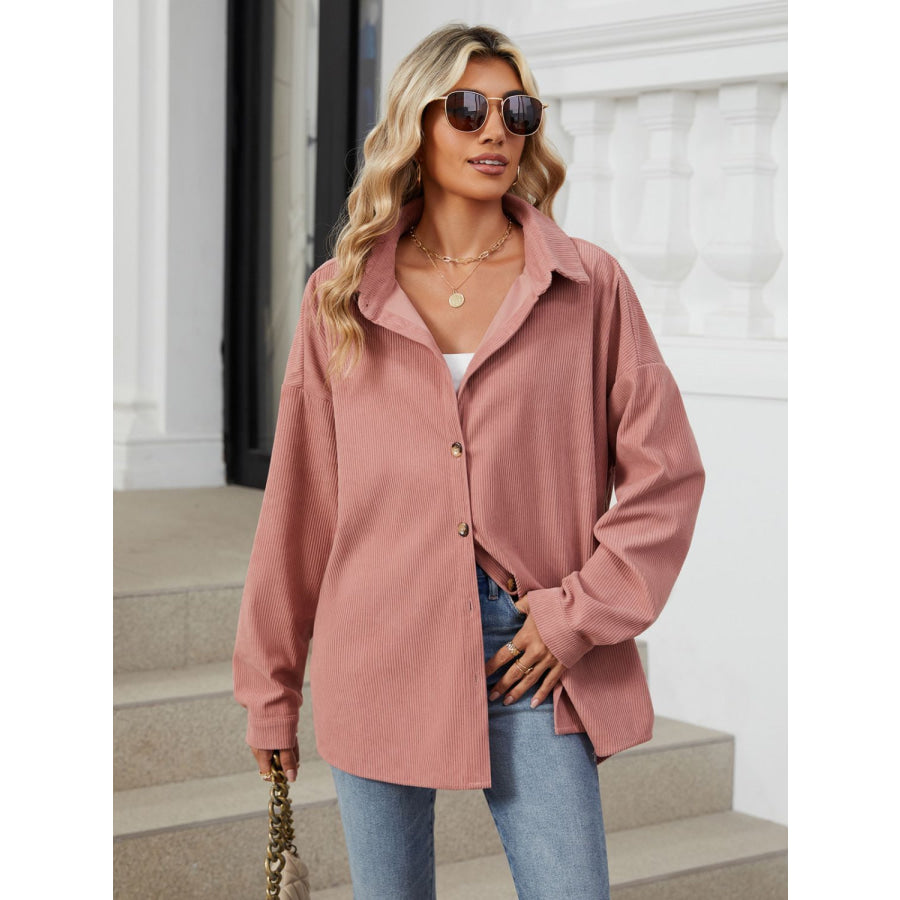 Collared Neck Long Sleeve Dropped Shoulder Shirt Dusty Pink / S Apparel and Accessories