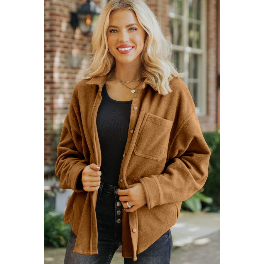 Collared Neck Long Sleeve Fleece Shacket Caramel / S Apparel and Accessories