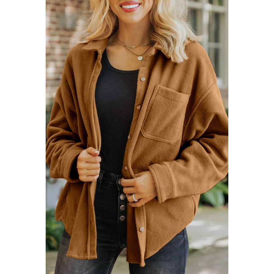 Collared Neck Long Sleeve Fleece Shacket Caramel / S Apparel and Accessories