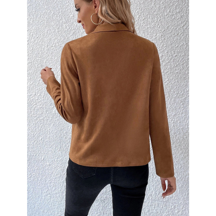 Collared Neck Long Sleeve Jacket Caramel / S Apparel and Accessories