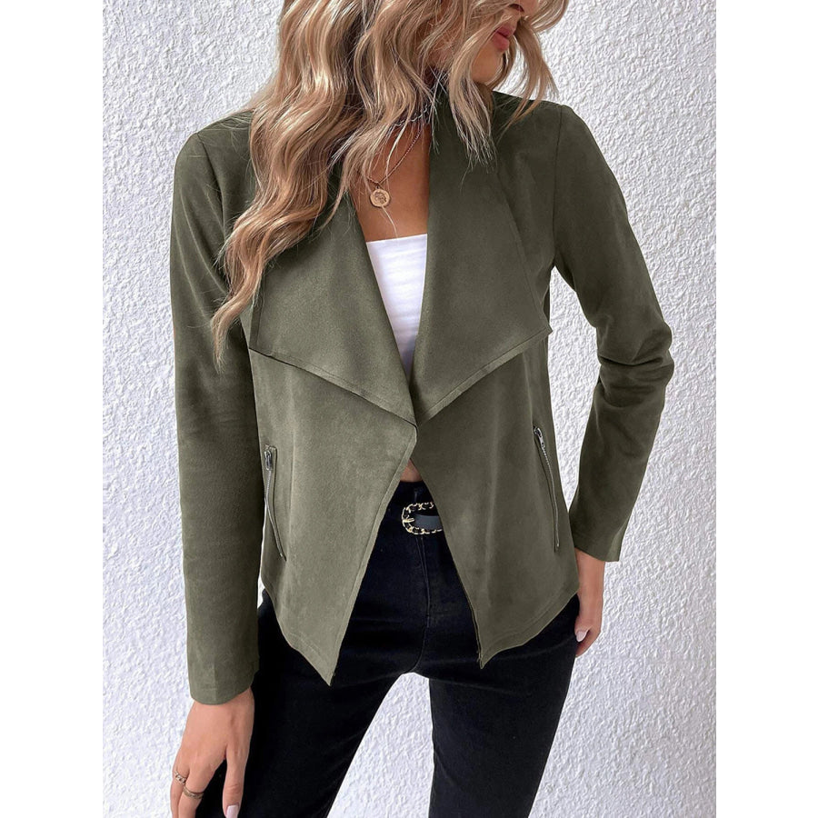 Collared Neck Long Sleeve Jacket Army Green / S Apparel and Accessories