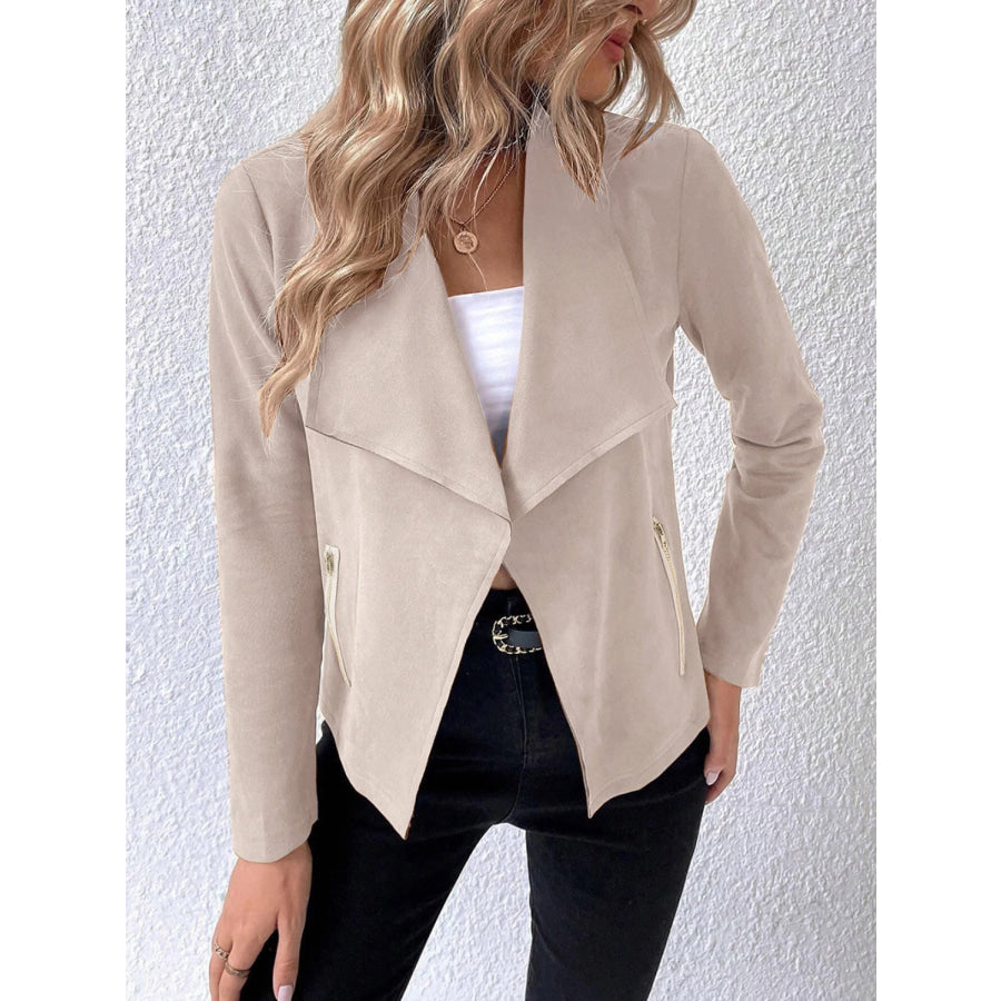 Collared Neck Long Sleeve Jacket Beige / S Apparel and Accessories