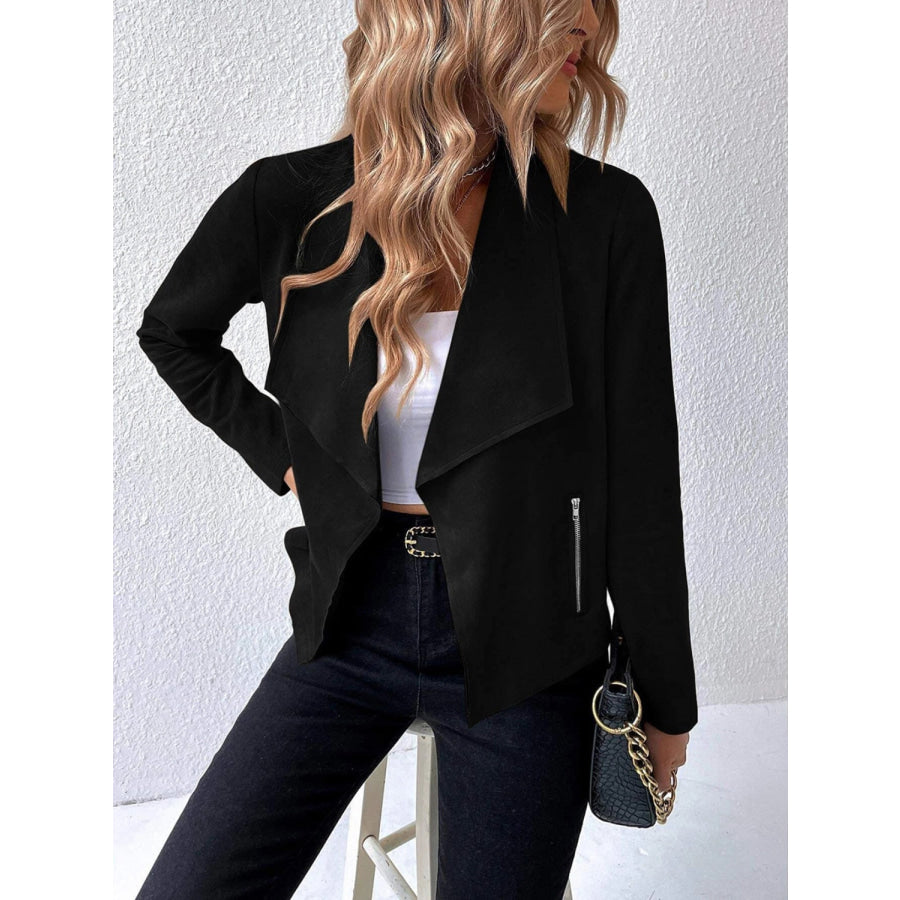 Collared Neck Long Sleeve Jacket Black / S Apparel and Accessories