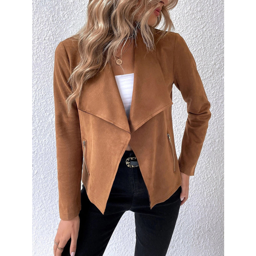 Collared Neck Long Sleeve Jacket Caramel / S Apparel and Accessories