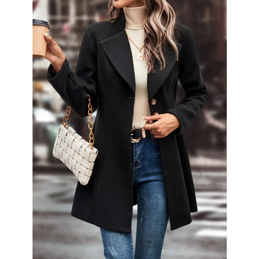 Collared Neck Long Sleeve Longline Coat Black / S Apparel and Accessories