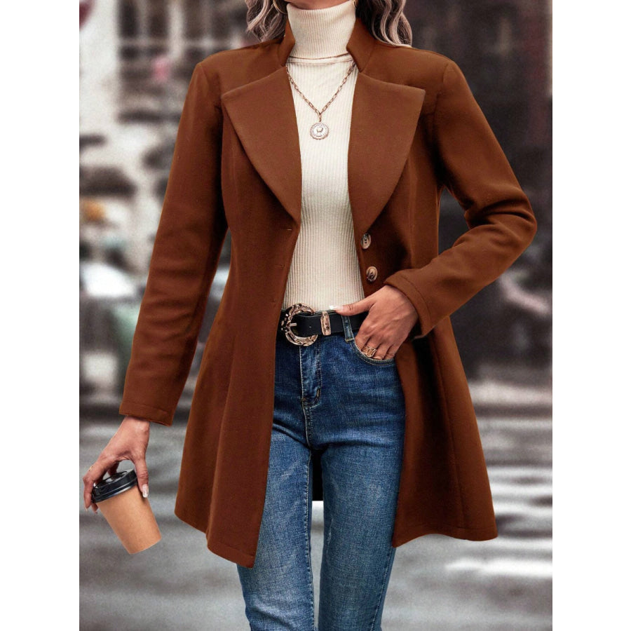 Collared Neck Long Sleeve Longline Coat Brown / S Apparel and Accessories