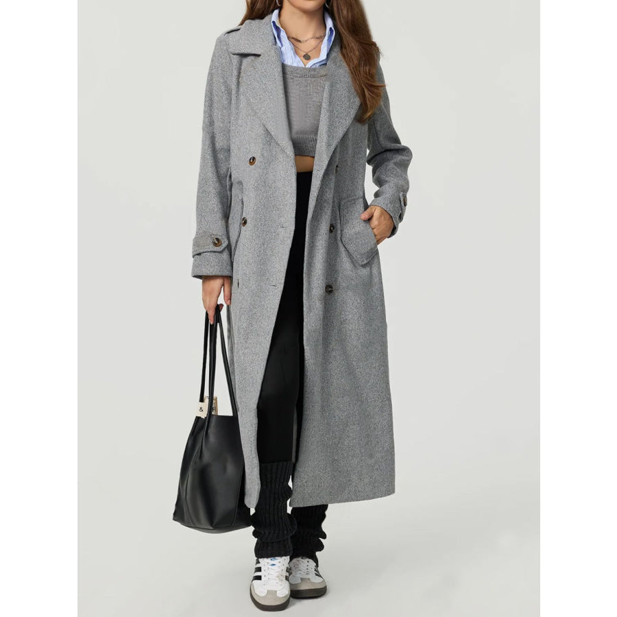 Collared Neck Long Sleeve Longline Coat Gray / S Apparel and Accessories