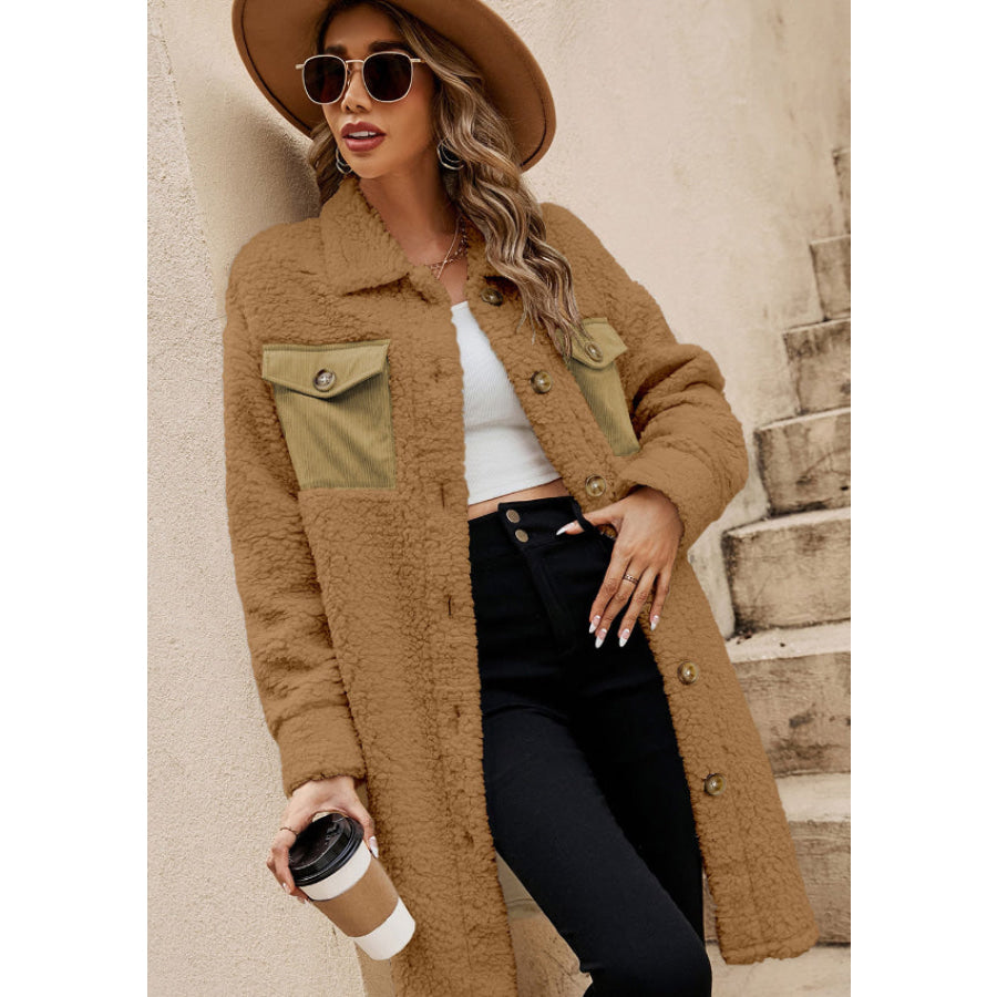 Collared Neck Long Sleeve Longline Teddy Jacket Apparel and Accessories