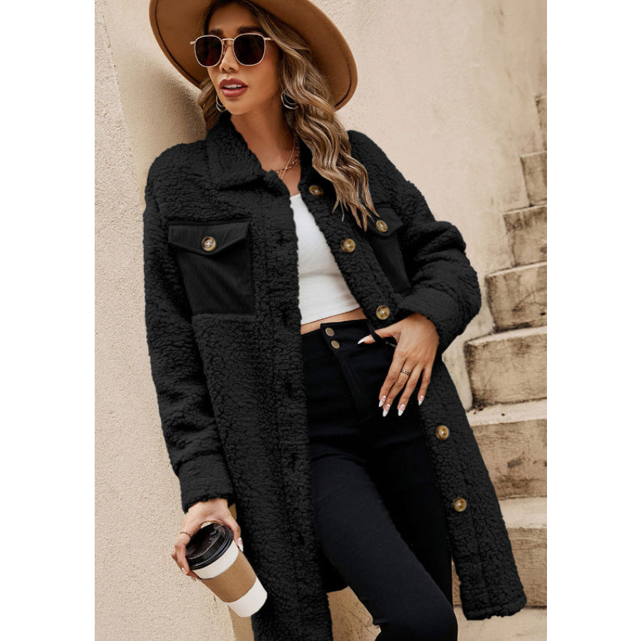 Collared Neck Long Sleeve Longline Teddy Jacket Apparel and Accessories