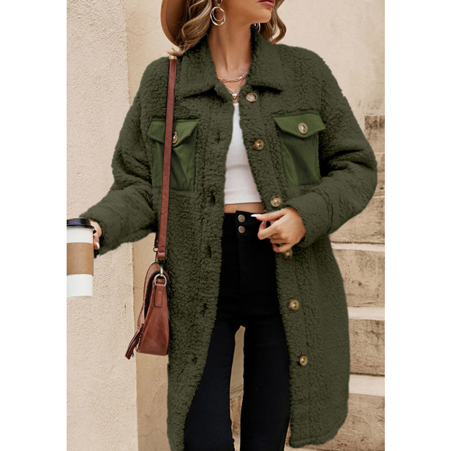 Collared Neck Long Sleeve Longline Teddy Jacket Army Green / S Apparel and Accessories