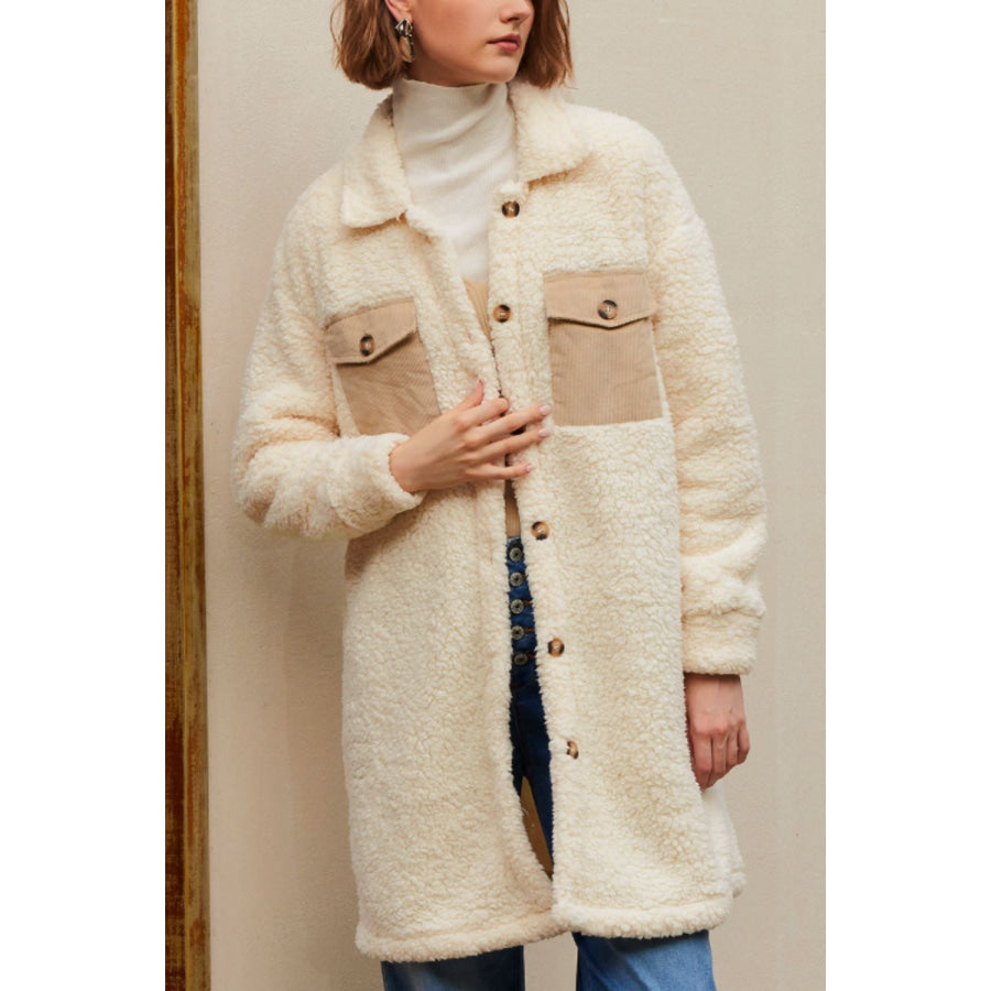 Collared Neck Long Sleeve Longline Teddy Jacket Beige / S Apparel and Accessories