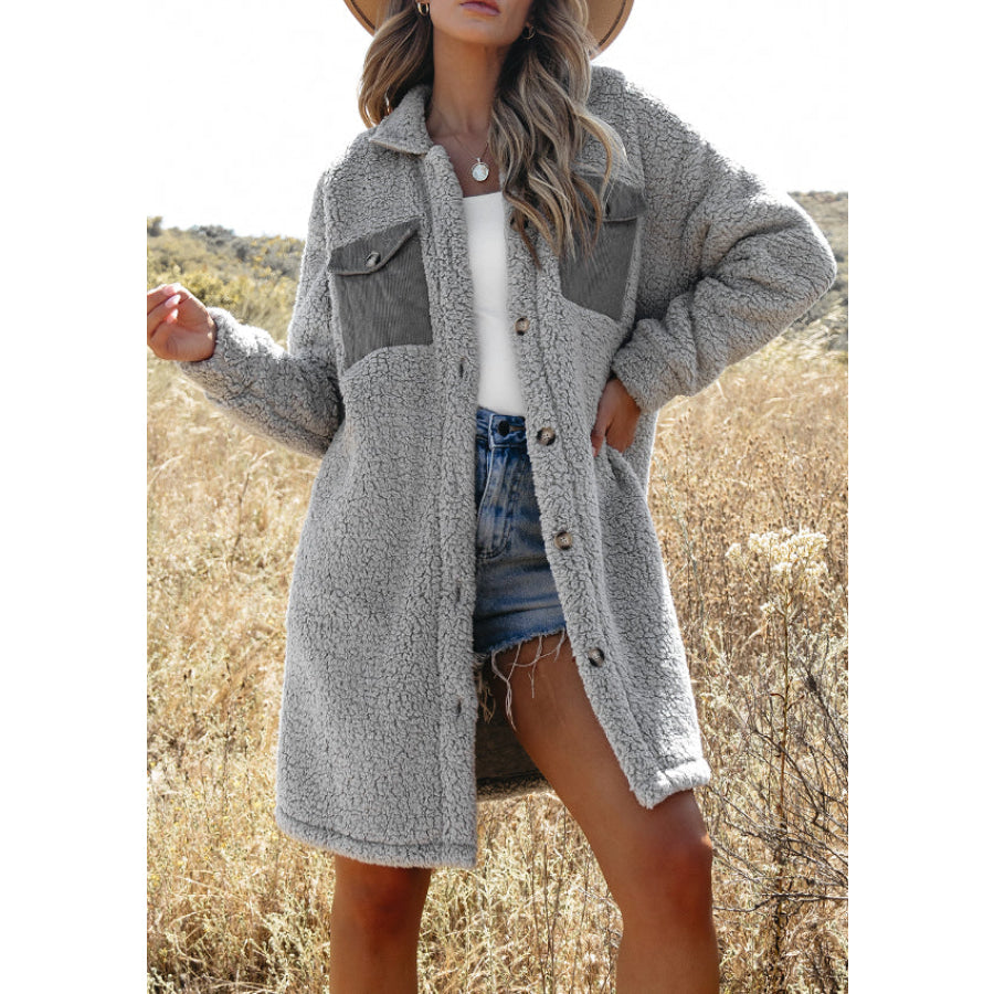 Collared Neck Long Sleeve Longline Teddy Jacket Gray / S Apparel and Accessories